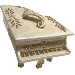 Vintage Grand Piano Trinket Box Large Painted Pearl and Gold With Lid Signed